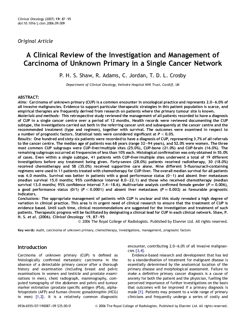 A Clinical Review of the Investigation and Management of Carcinoma of Unknown Primary in a Single Cancer Network