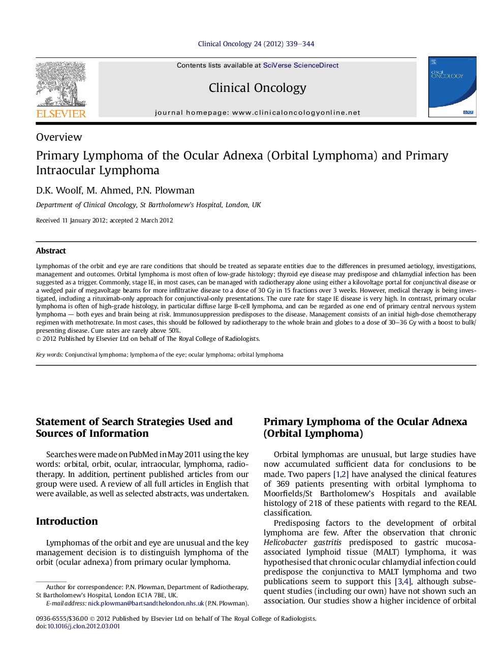 Primary Lymphoma of the Ocular Adnexa (Orbital Lymphoma) and Primary Intraocular Lymphoma