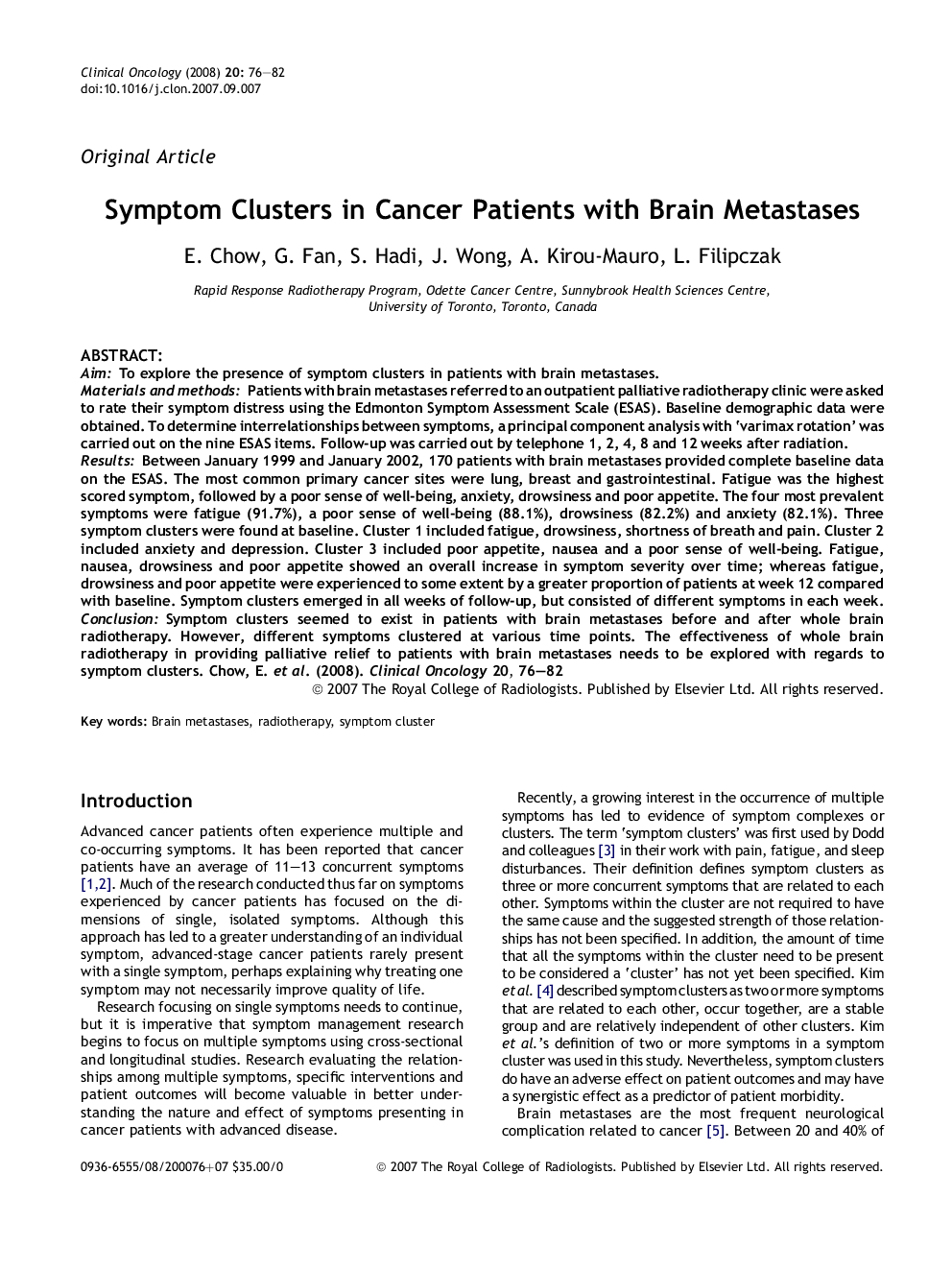 Symptom Clusters in Cancer Patients with Brain Metastases