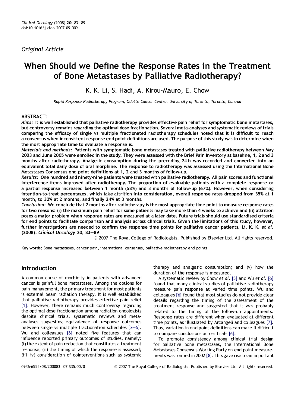 When Should we Define the Response Rates in the Treatment of Bone Metastases by Palliative Radiotherapy?