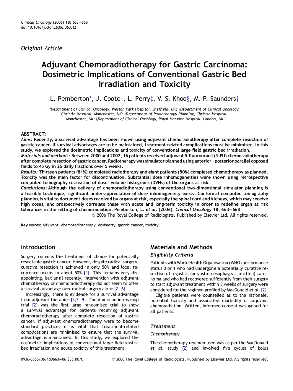 Adjuvant Chemoradiotherapy for Gastric Carcinoma: Dosimetric Implications of Conventional Gastric Bed Irradiation and Toxicity