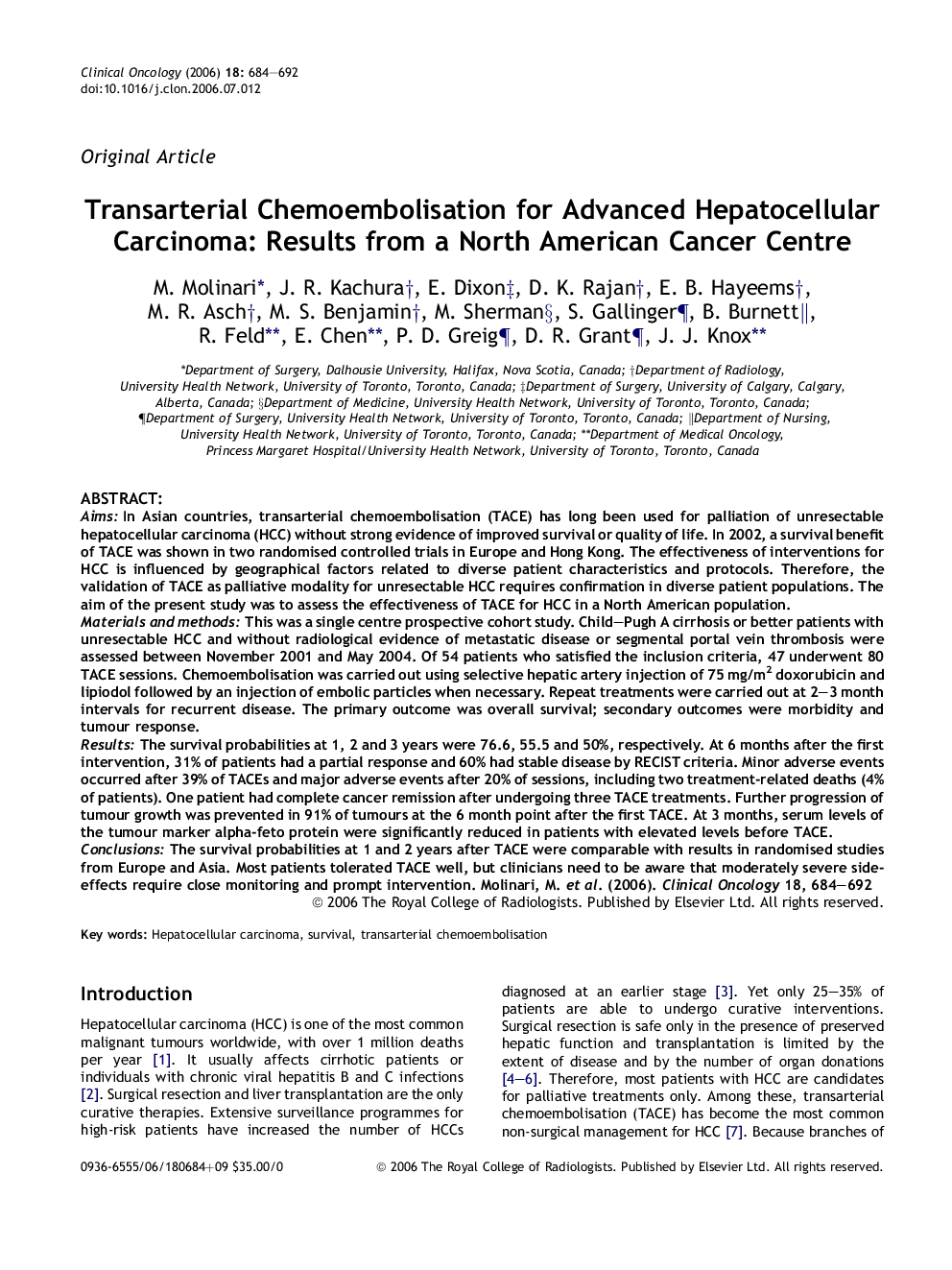 Transarterial Chemoembolisation for Advanced Hepatocellular Carcinoma: Results from a North American Cancer Centre