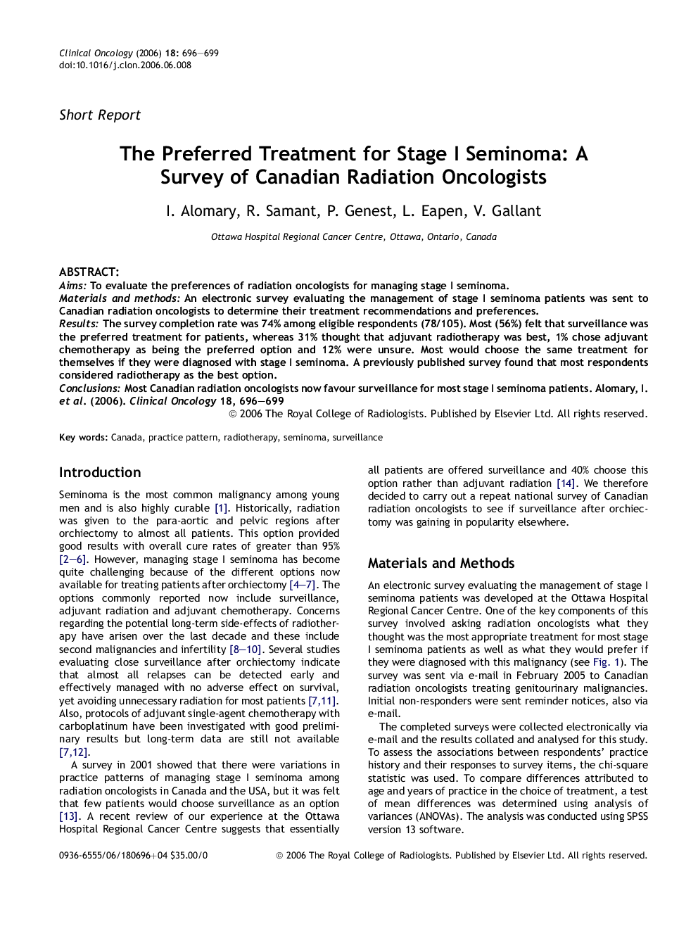 The Preferred Treatment for Stage I Seminoma: A Survey of Canadian Radiation Oncologists