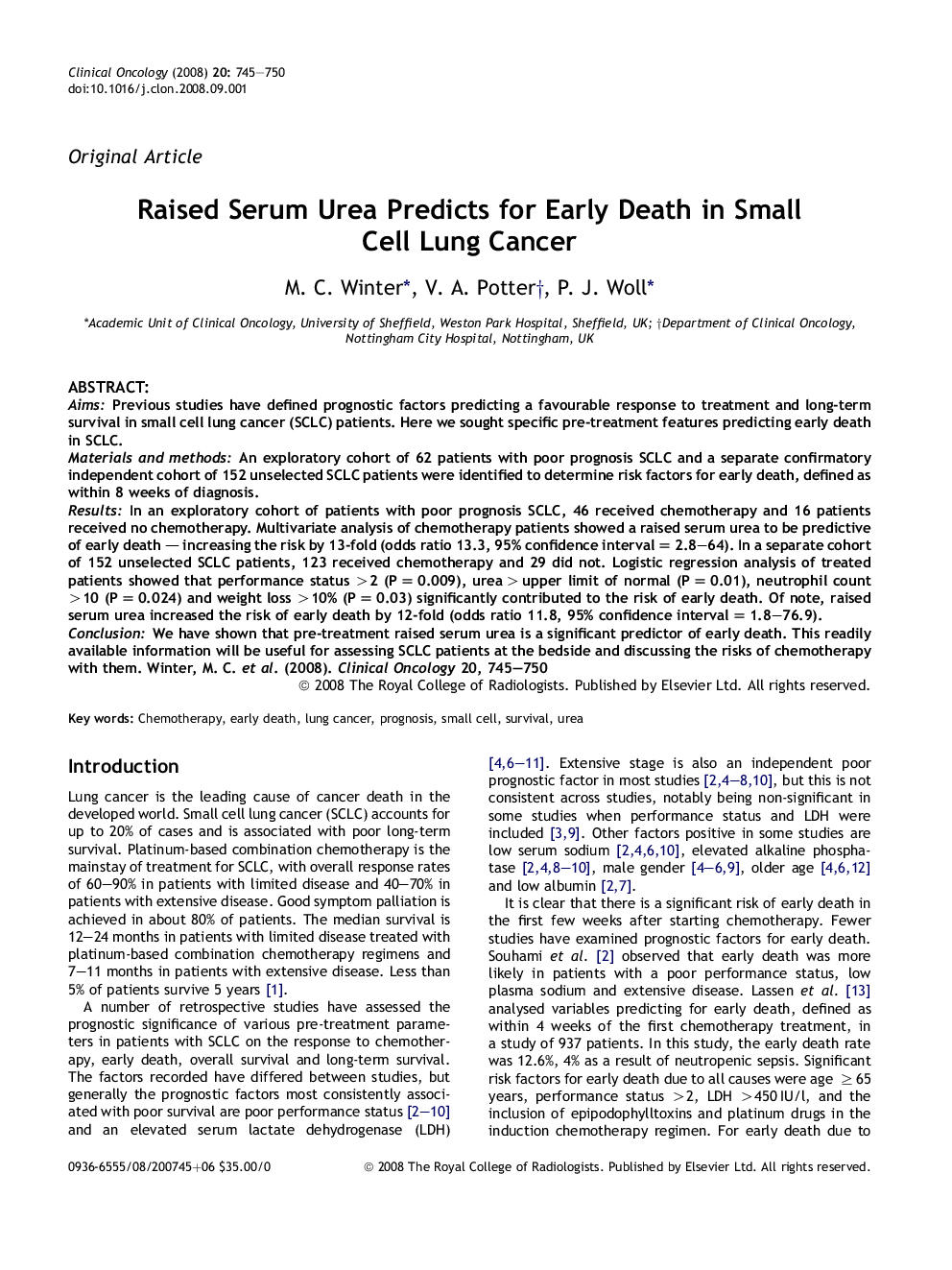 Raised Serum Urea Predicts for Early Death in Small Cell Lung Cancer