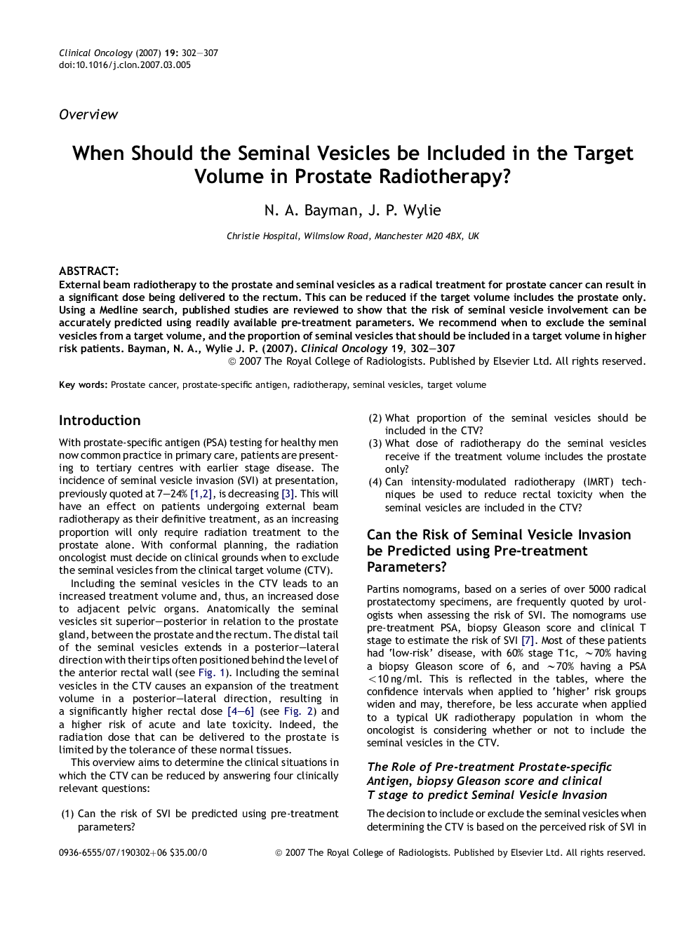 When Should the Seminal Vesicles be Included in the Target Volume in Prostate Radiotherapy?