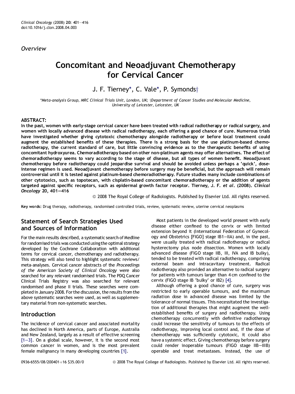 Concomitant and Neoadjuvant Chemotherapy for Cervical Cancer