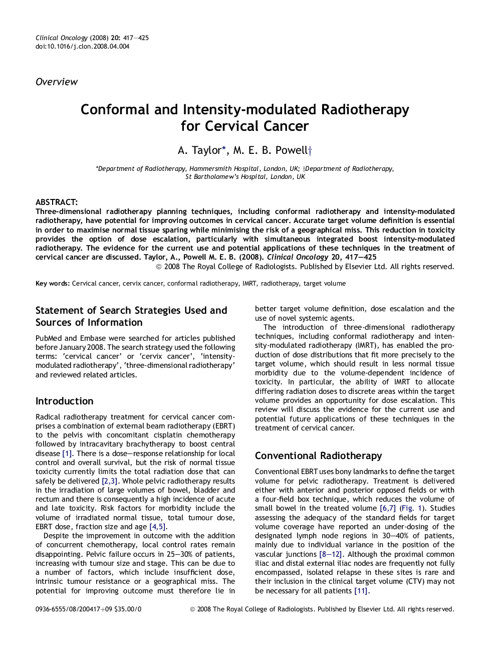 Conformal and Intensity-modulated Radiotherapy for Cervical Cancer