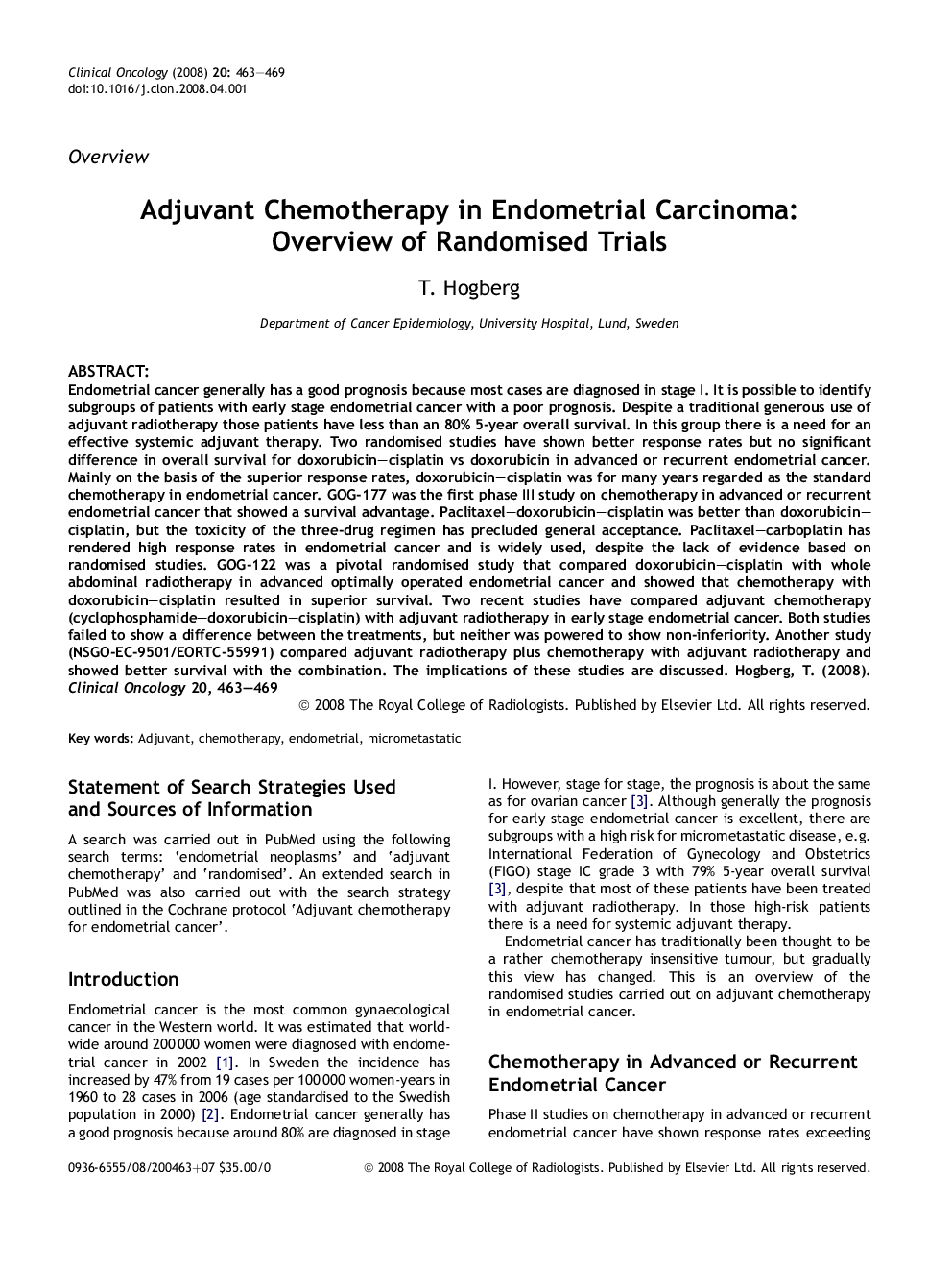 Adjuvant Chemotherapy in Endometrial Carcinoma: Overview of Randomised Trials