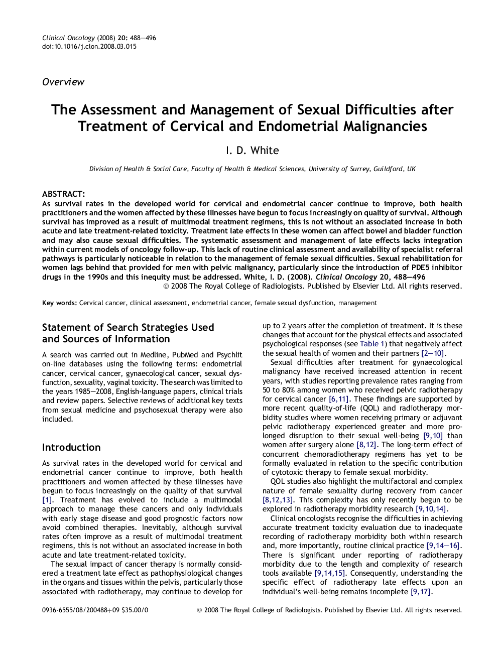 The Assessment and Management of Sexual Difficulties after Treatment of Cervical and Endometrial Malignancies