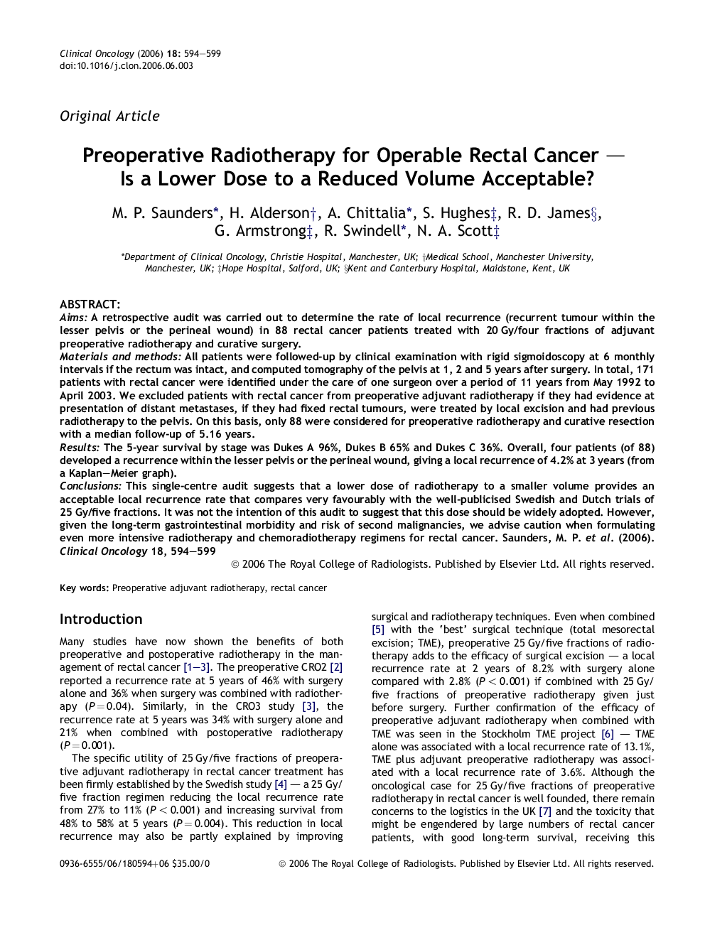 Preoperative Radiotherapy for Operable Rectal Cancer - Is a Lower Dose to a Reduced Volume Acceptable?