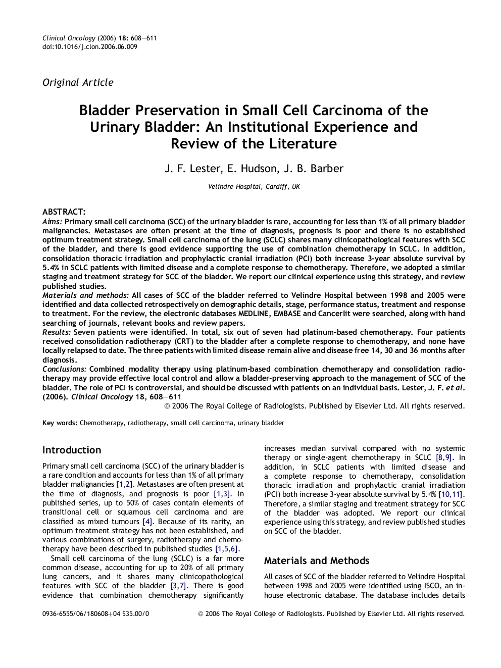 Bladder Preservation in Small Cell Carcinoma of the Urinary Bladder: An Institutional Experience and Review of the Literature