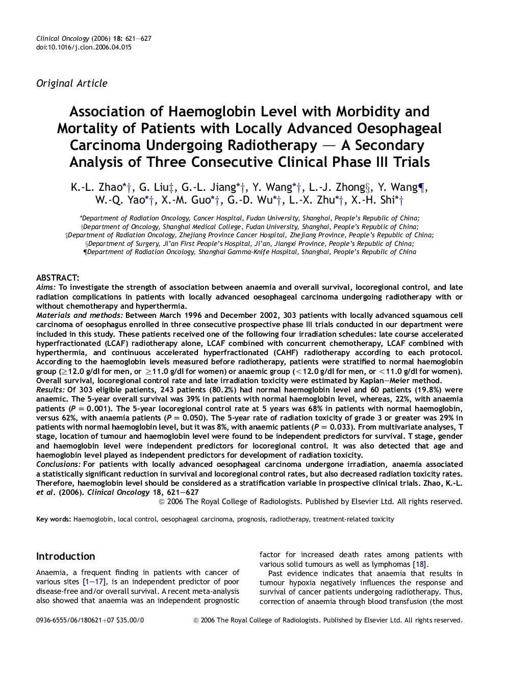 Association of Haemoglobin Level with Morbidity and Mortality of Patients with Locally Advanced Oesophageal Carcinoma Undergoing Radiotherapy - A Secondary Analysis of Three Consecutive Clinical Phase III Trials