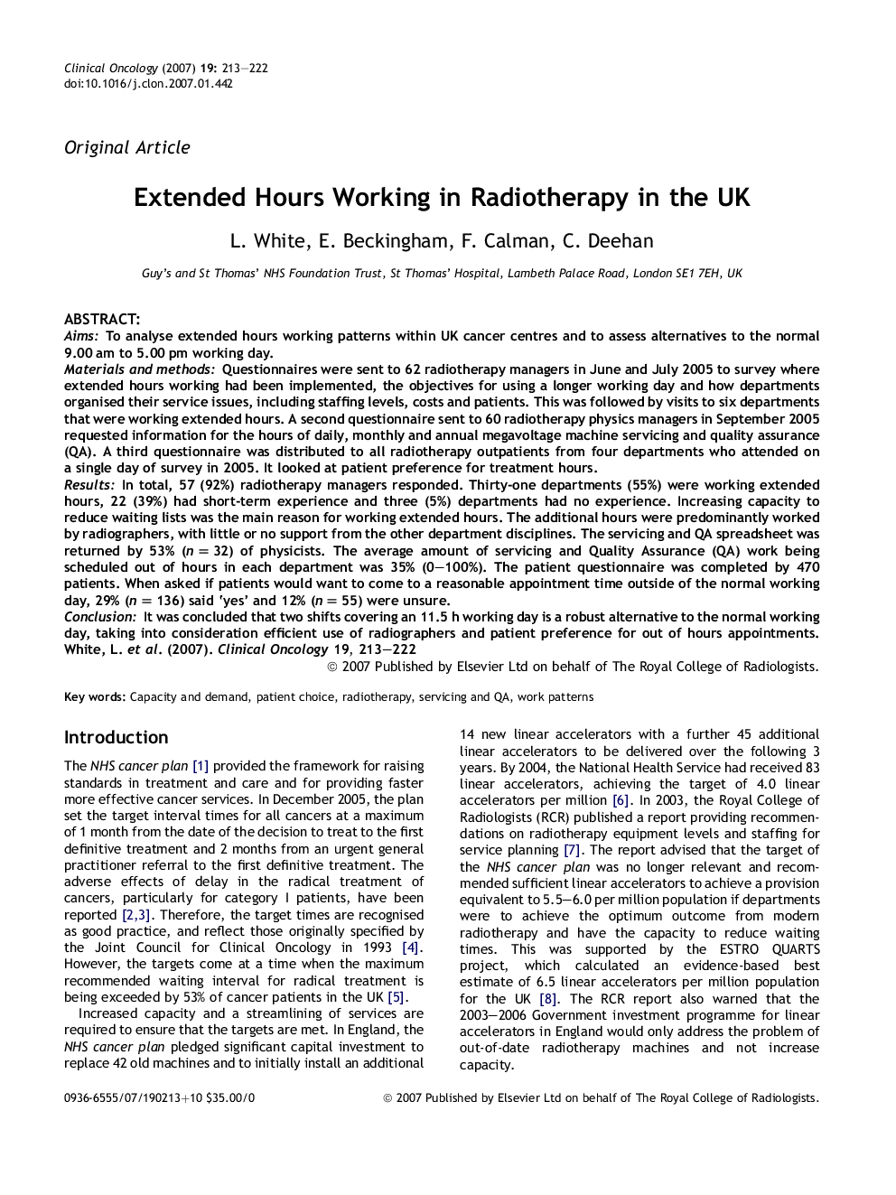 Extended Hours Working in Radiotherapy in the UK