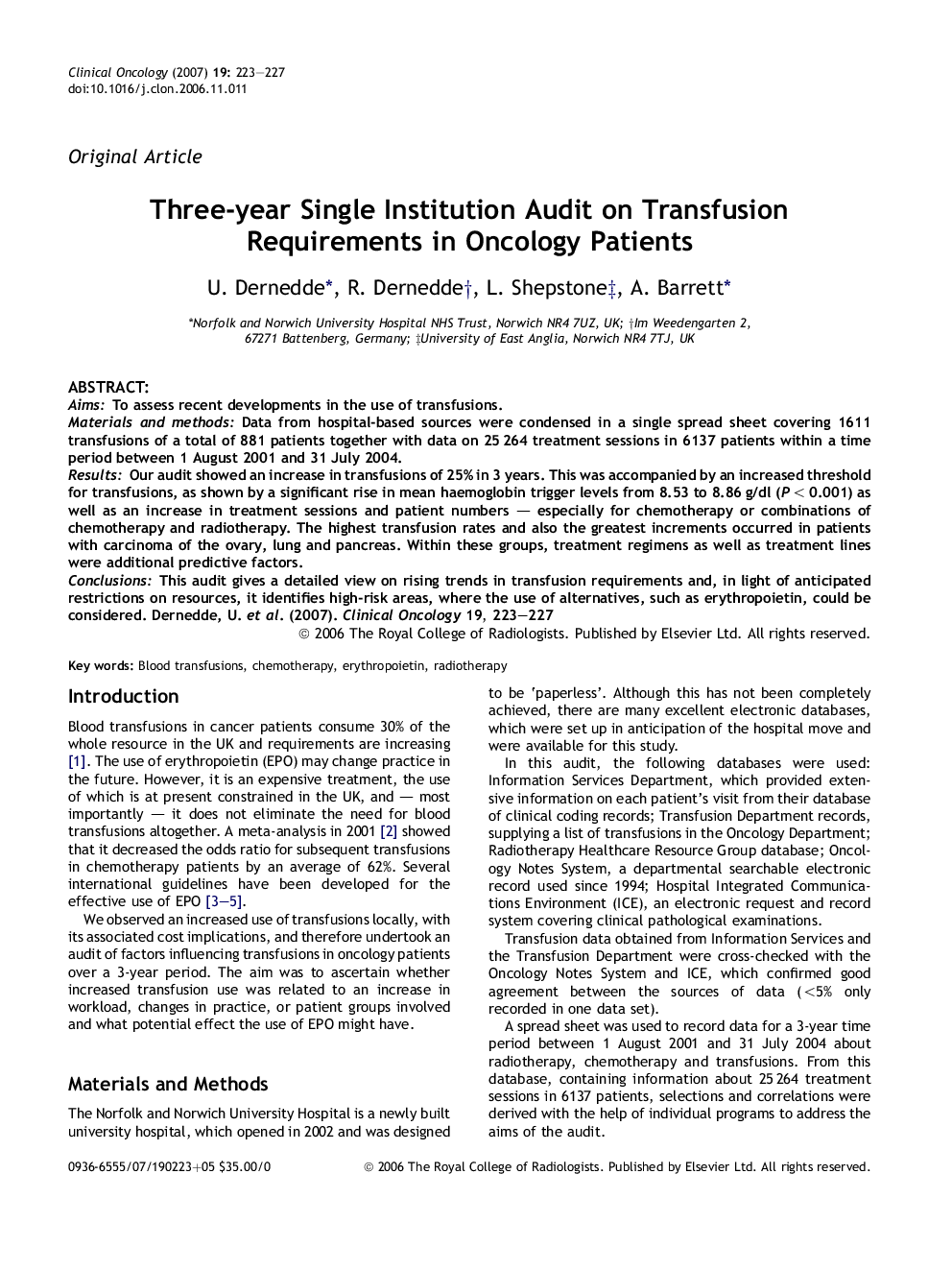 Three-year Single Institution Audit on Transfusion Requirements in Oncology Patients