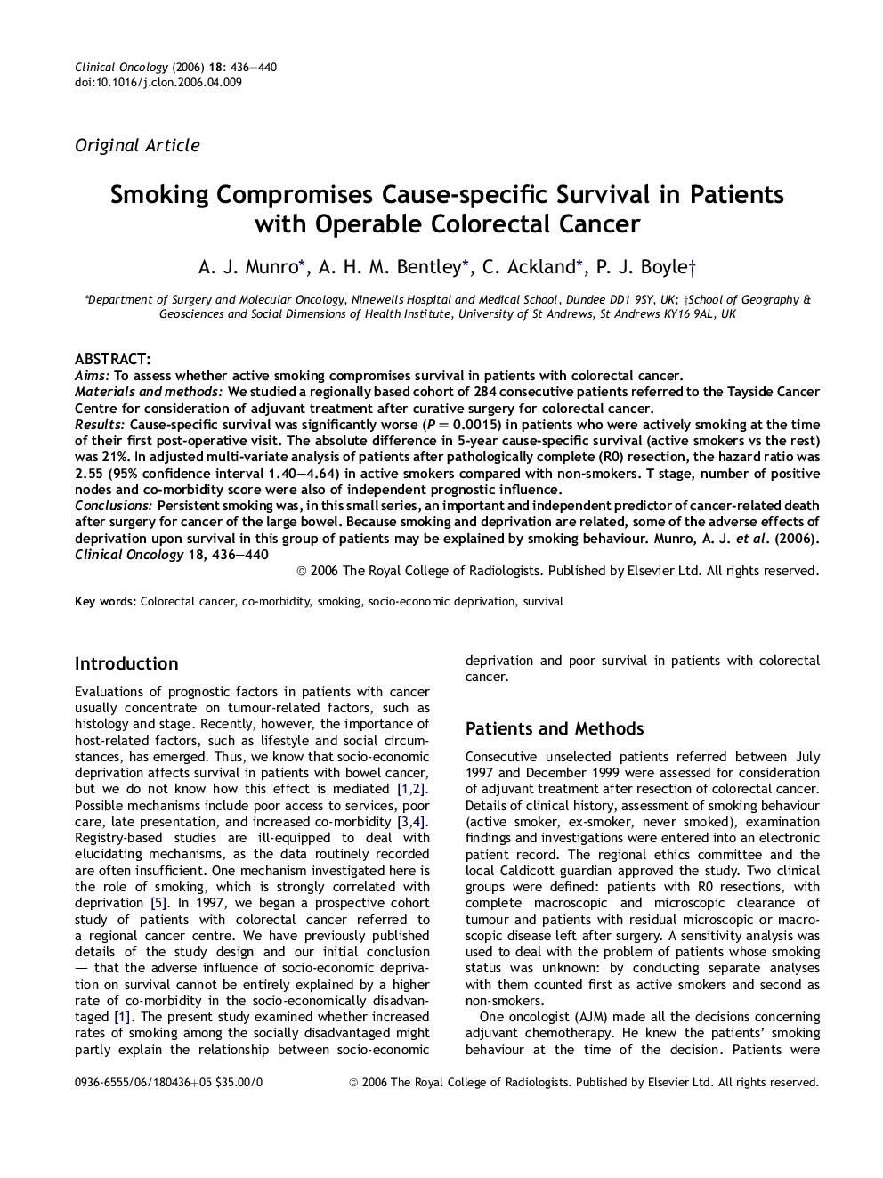 Smoking Compromises Cause-specific Survival in Patients with Operable Colorectal Cancer