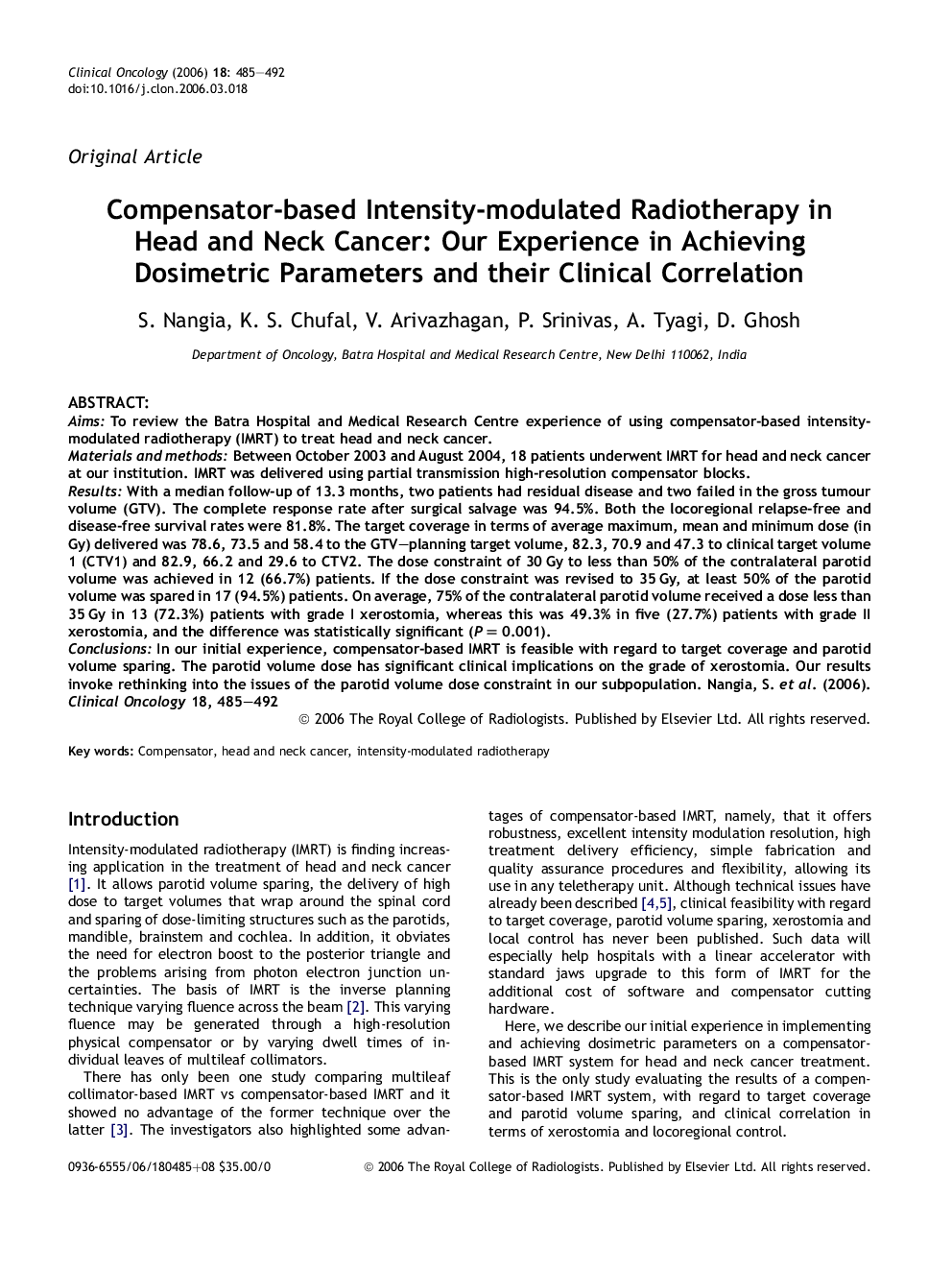 Compensator-based Intensity-modulated Radiotherapy in Head and Neck Cancer: Our Experience in Achieving Dosimetric Parameters and their Clinical Correlation