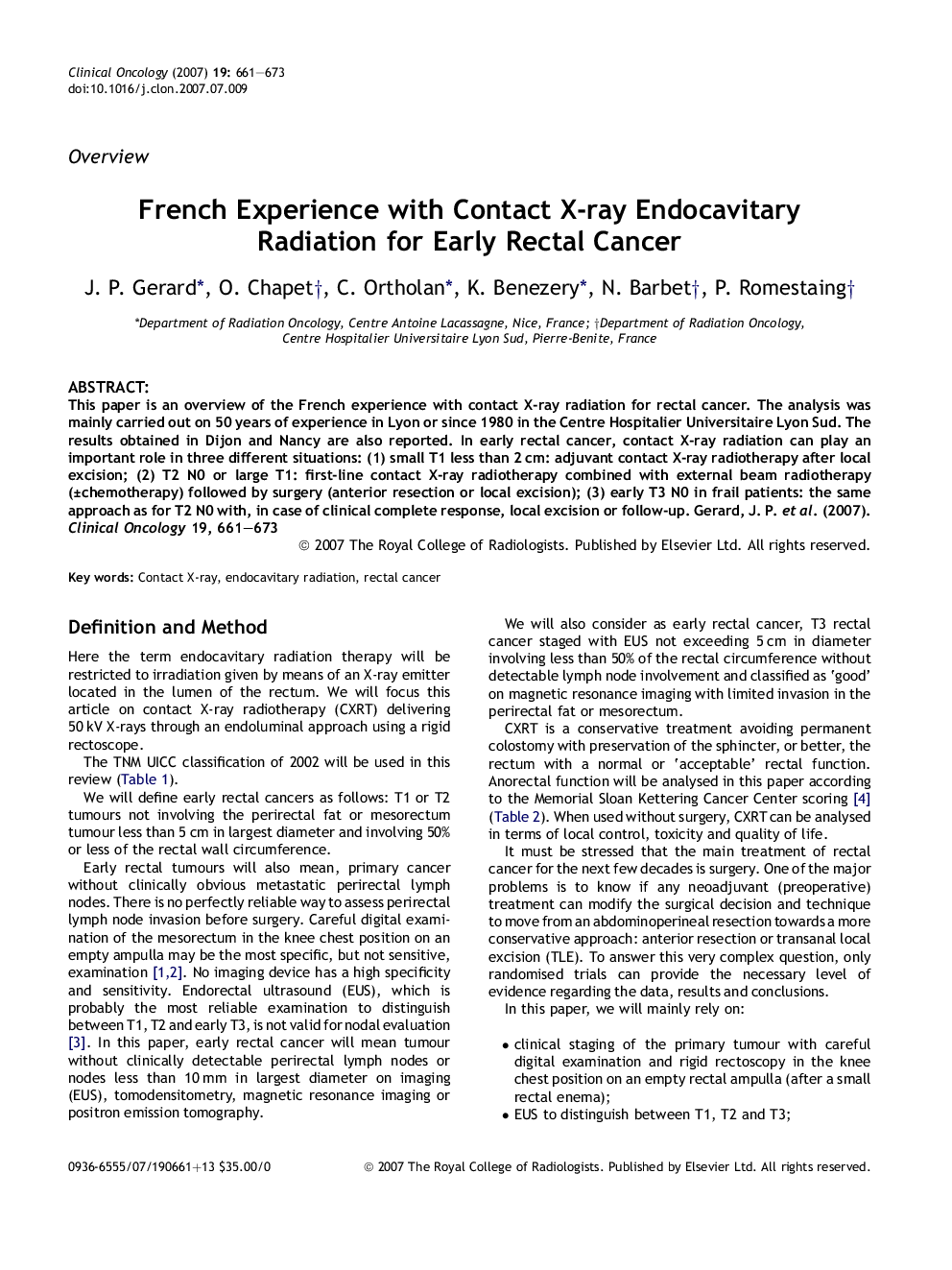 French Experience with Contact X-ray Endocavitary Radiation for Early Rectal Cancer