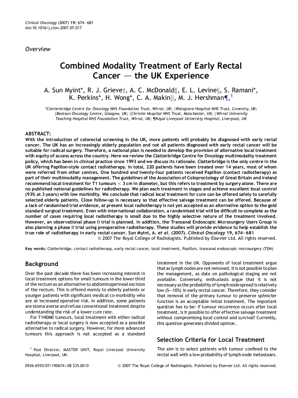 Combined Modality Treatment of Early Rectal Cancer - the UK Experience