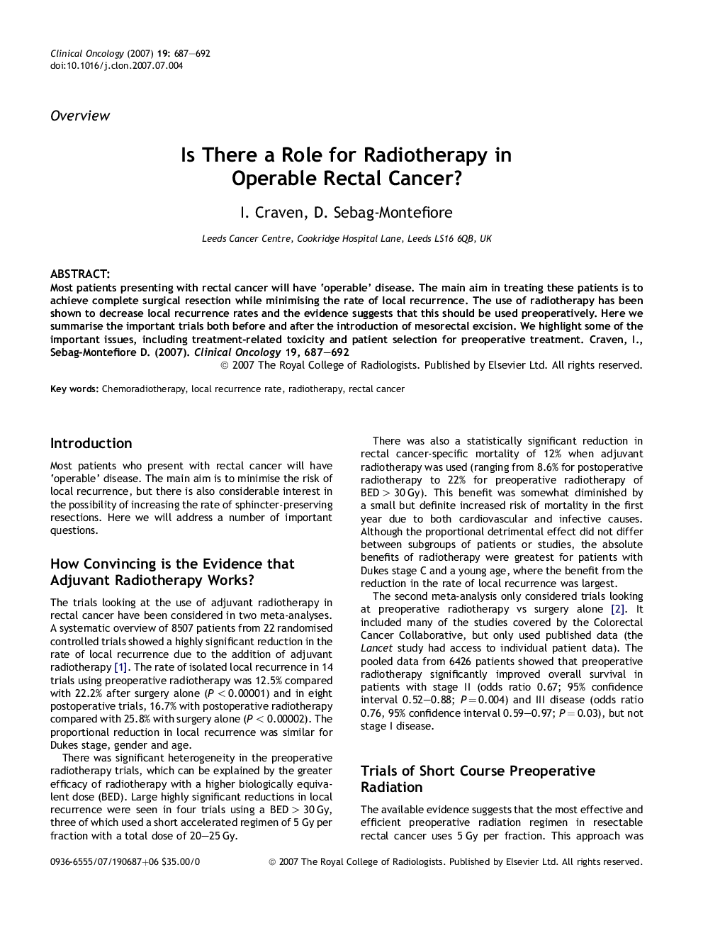 Is There a Role for Radiotherapy in Operable Rectal Cancer?