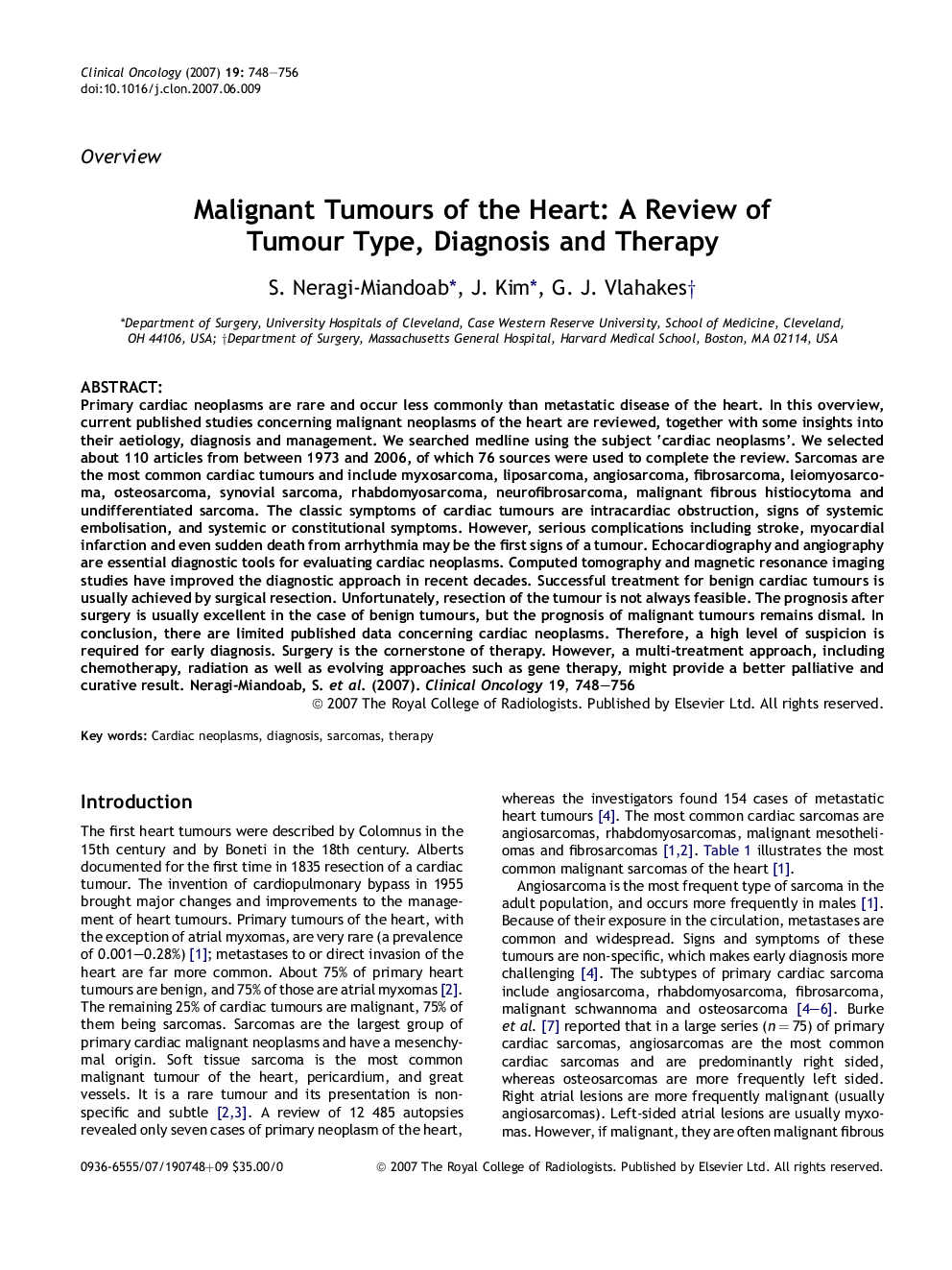 Malignant Tumours of the Heart: A Review of Tumour Type, Diagnosis and Therapy