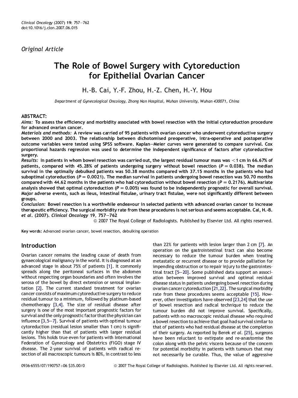 The Role of Bowel Surgery with Cytoreduction for Epithelial Ovarian Cancer