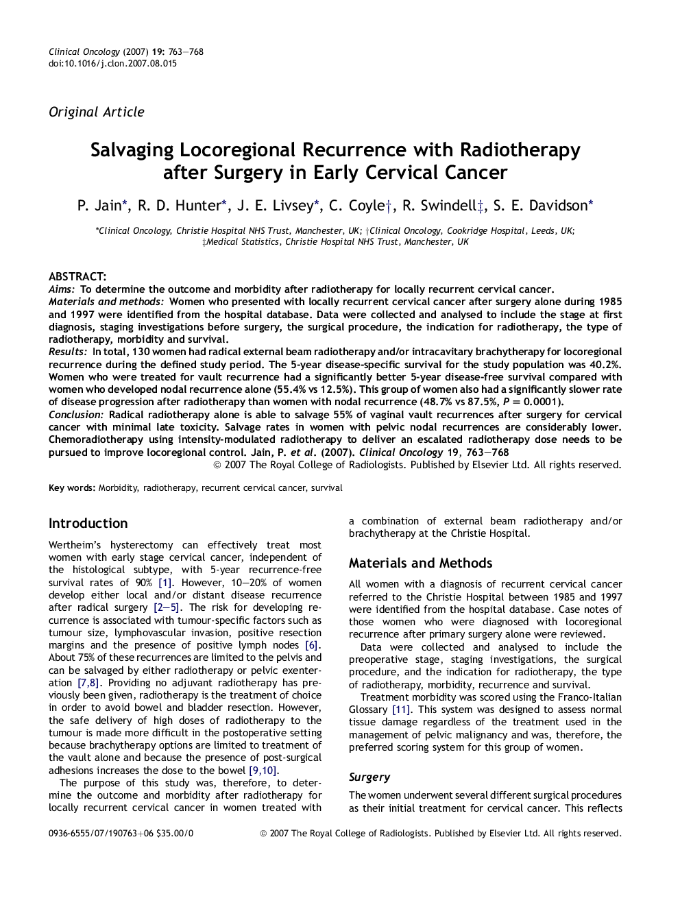 Salvaging Locoregional Recurrence with Radiotherapy after Surgery in Early Cervical Cancer