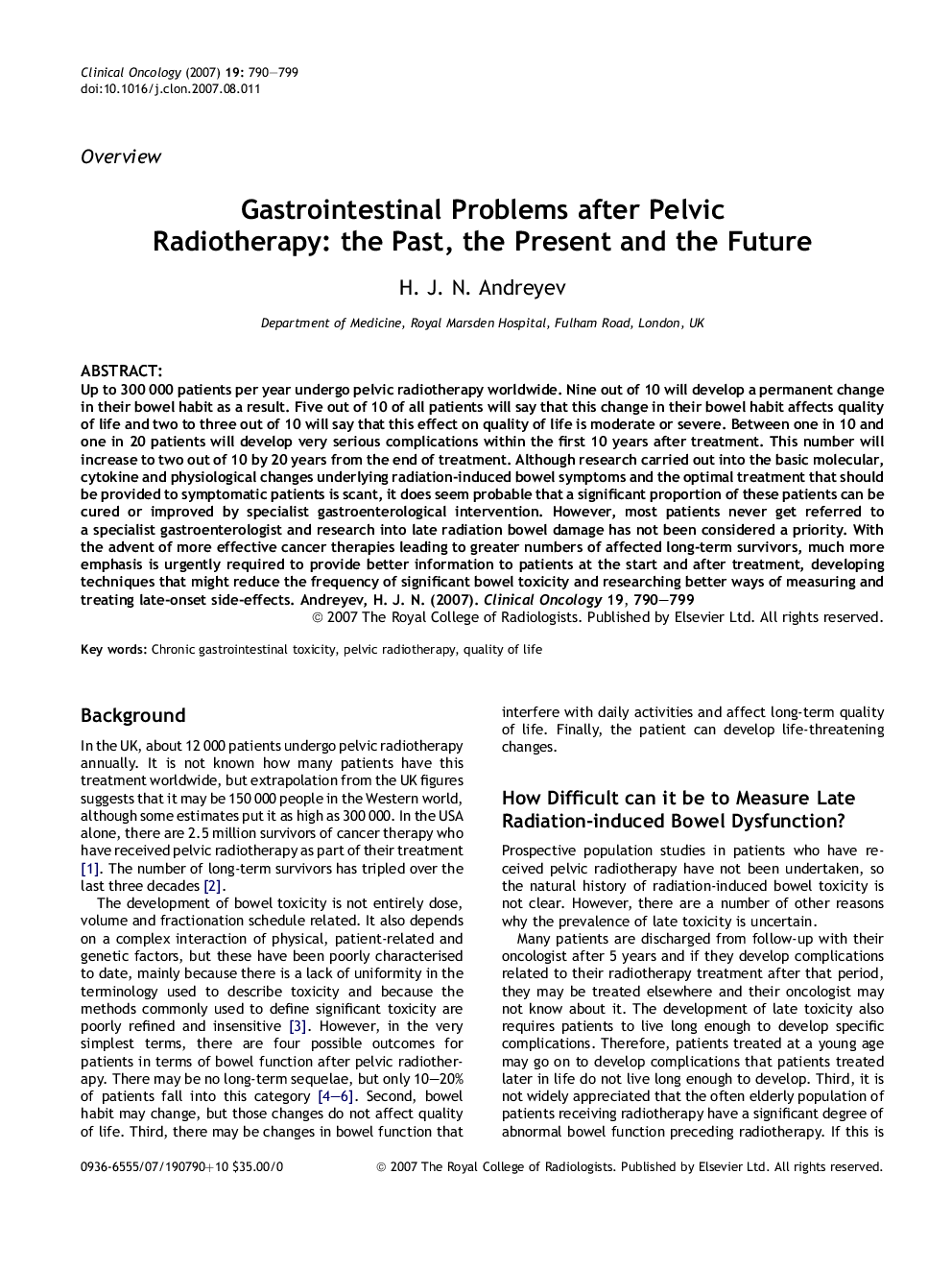 Gastrointestinal Problems after Pelvic Radiotherapy: the Past, the Present and the Future