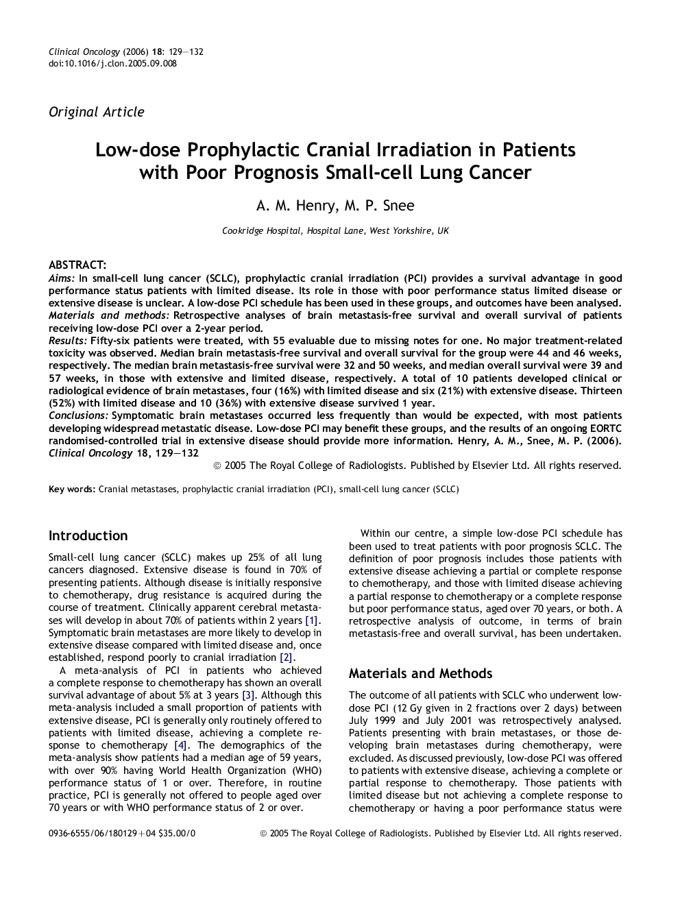 Low-dose Prophylactic Cranial Irradiation in Patients with Poor Prognosis Small-cell Lung Cancer