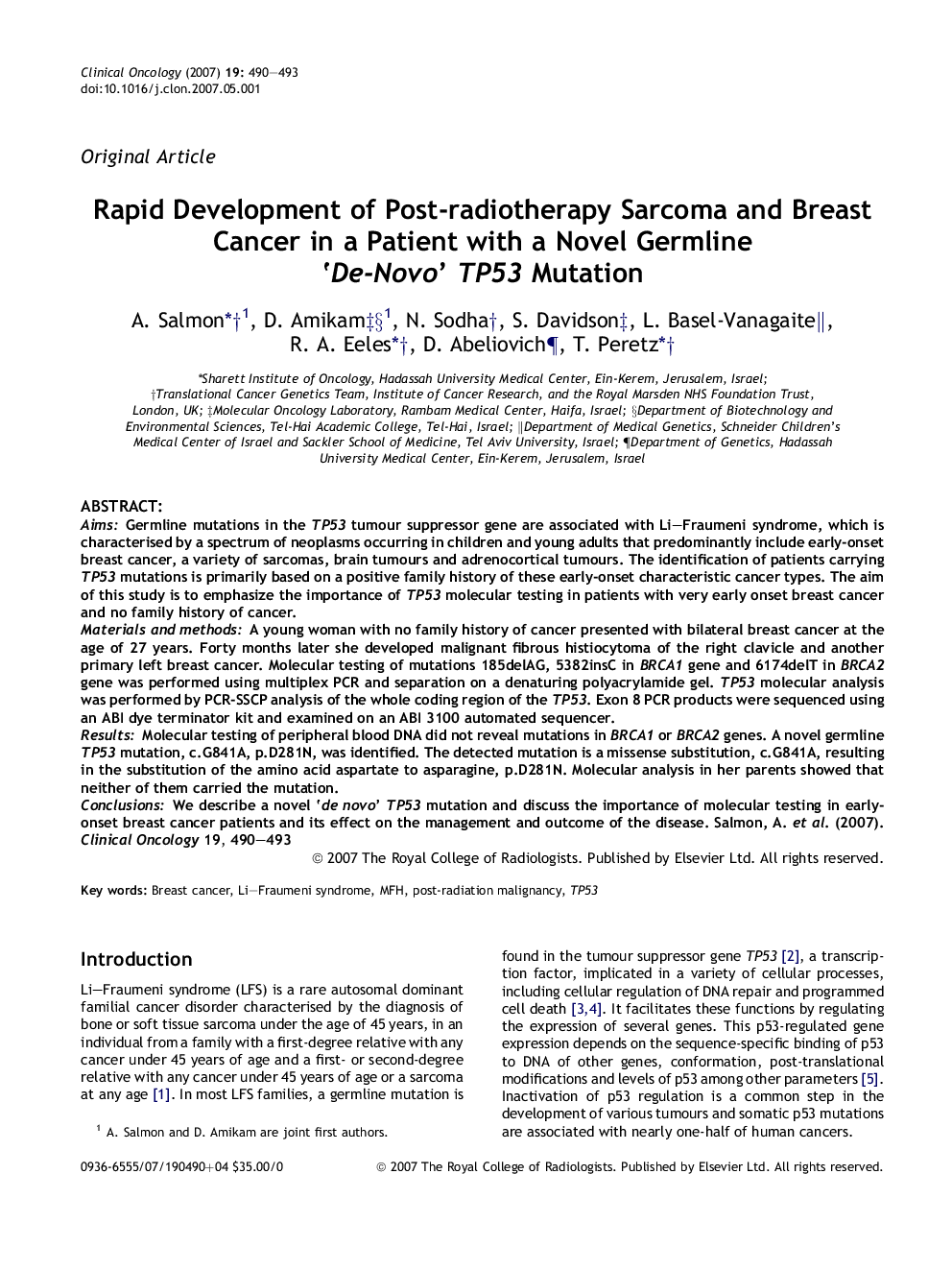 Rapid Development of Post-radiotherapy Sarcoma and Breast Cancer in a Patient with a Novel Germline 'De-Novo' TP53 Mutation