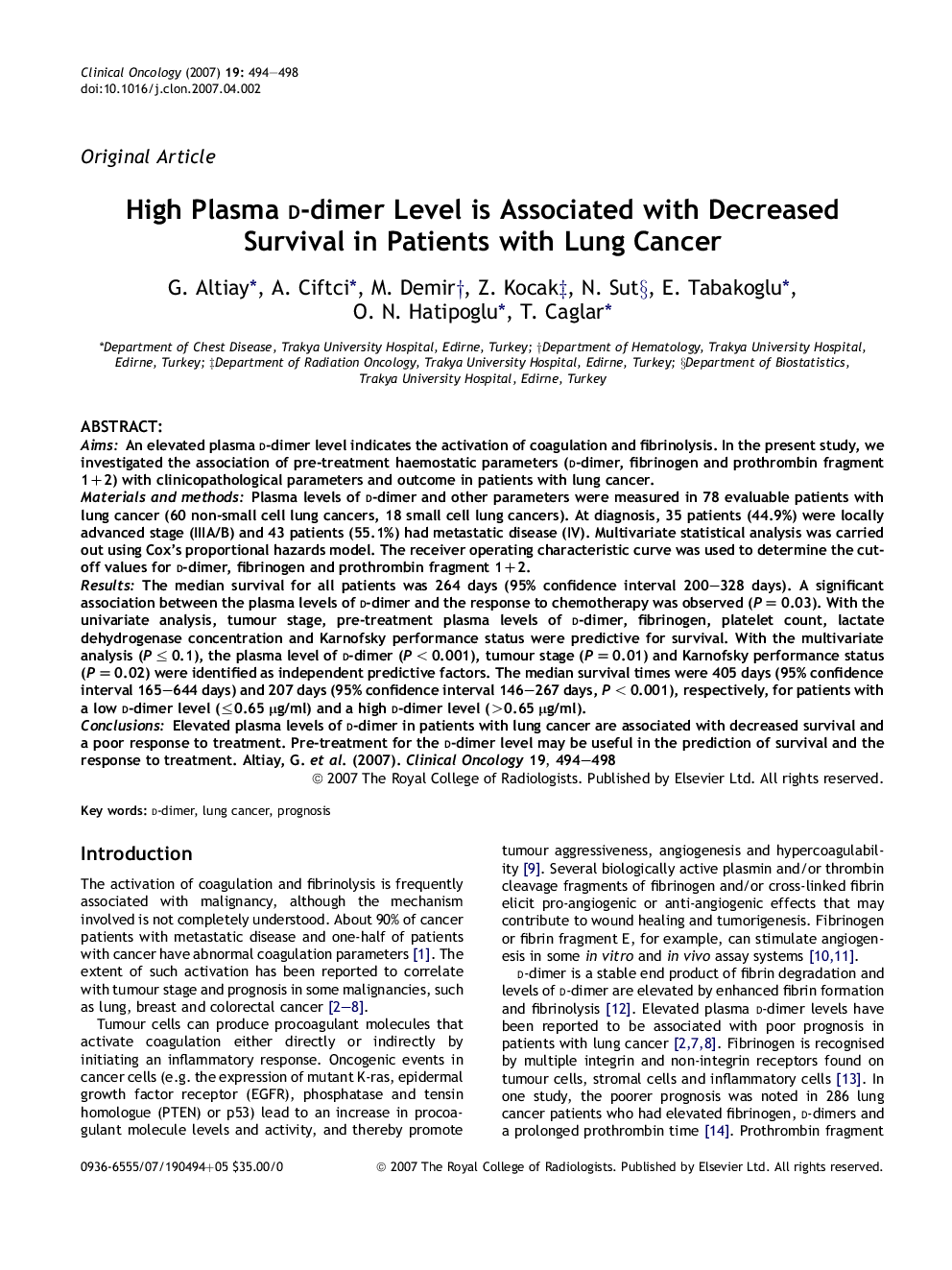 High Plasma d-dimer Level is Associated with Decreased Survival in Patients with Lung Cancer