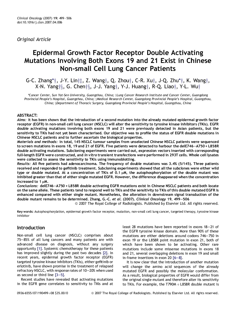 Epidermal Growth Factor Receptor Double Activating Mutations Involving Both Exons 19 and 21 Exist in Chinese Non-small Cell Lung Cancer Patients