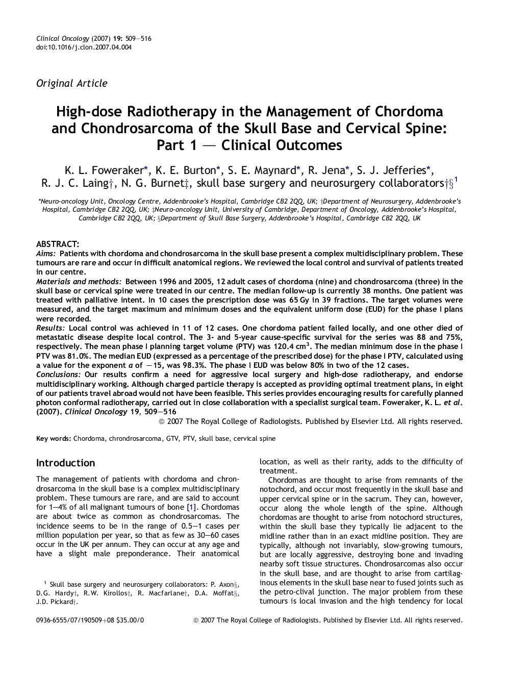 High-dose Radiotherapy in the Management of Chordoma and Chondrosarcoma of the Skull Base and Cervical Spine: Part 1 - Clinical Outcomes