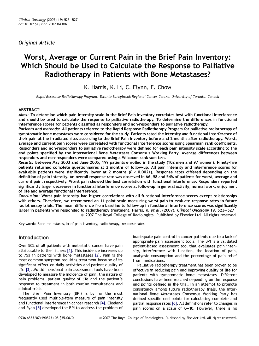 Worst, Average or Current Pain in the Brief Pain Inventory: Which Should be Used to Calculate the Response to Palliative Radiotherapy in Patients with Bone Metastases?