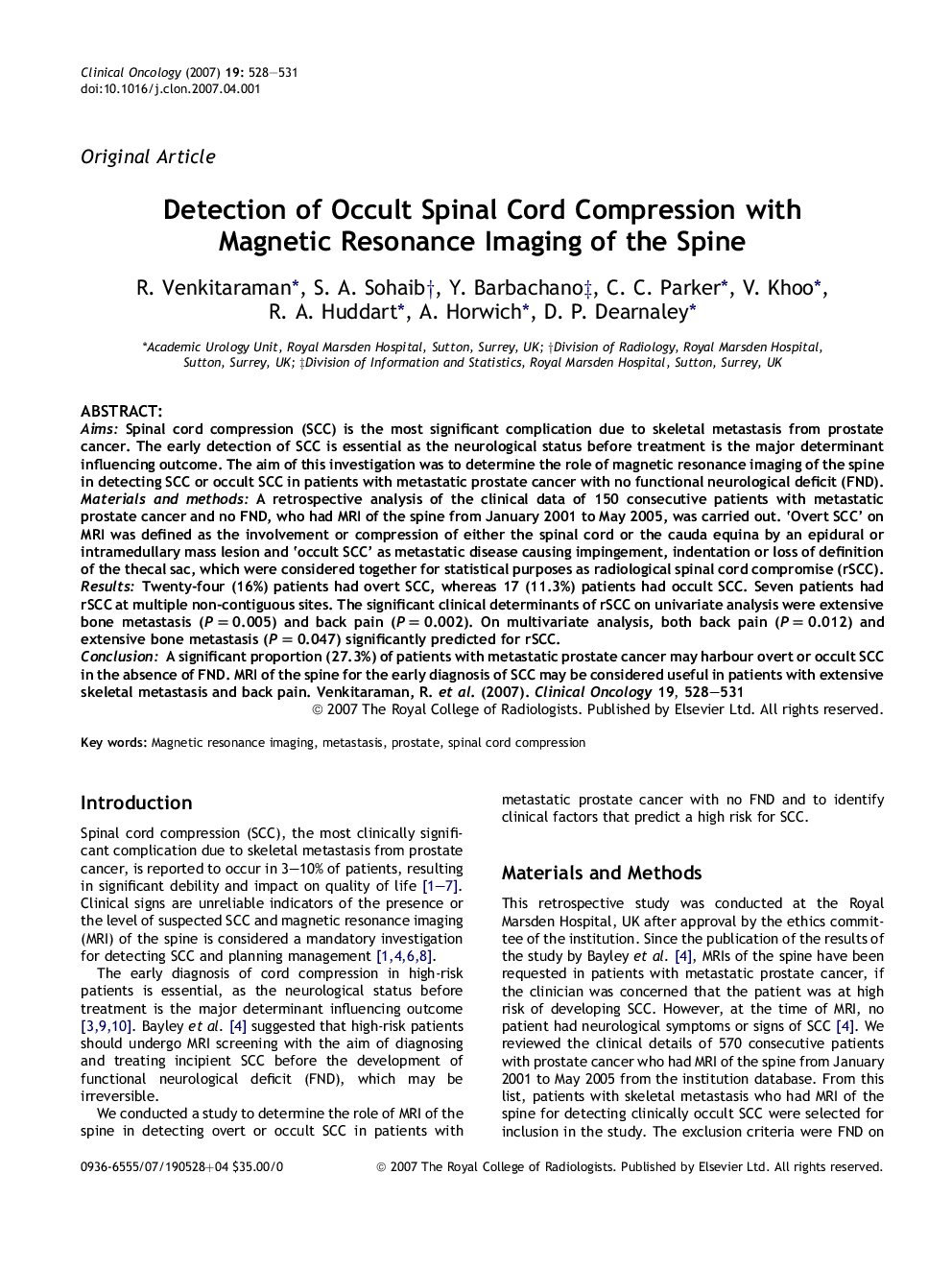 Detection of Occult Spinal Cord Compression with Magnetic Resonance Imaging of the Spine