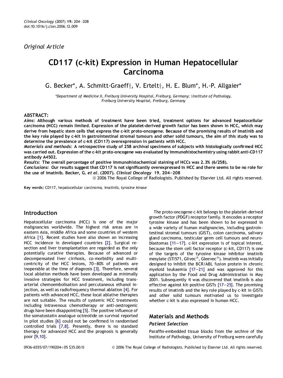 CD117 (c-kit) Expression in Human Hepatocellular Carcinoma