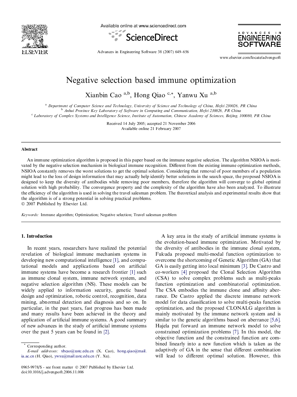 Negative selection based immune optimization