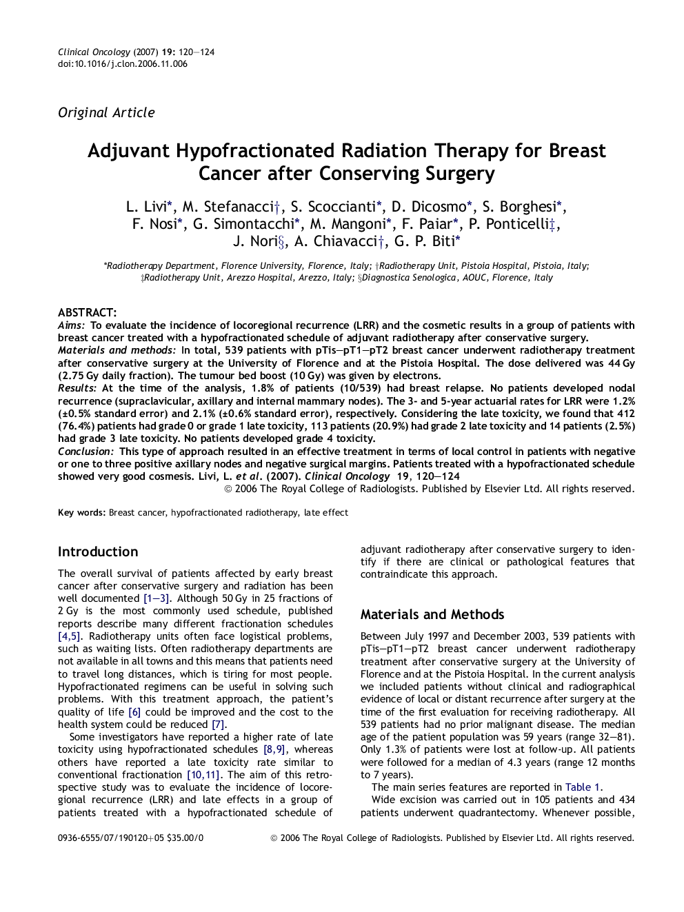 Adjuvant Hypofractionated Radiation Therapy for Breast Cancer after Conserving Surgery