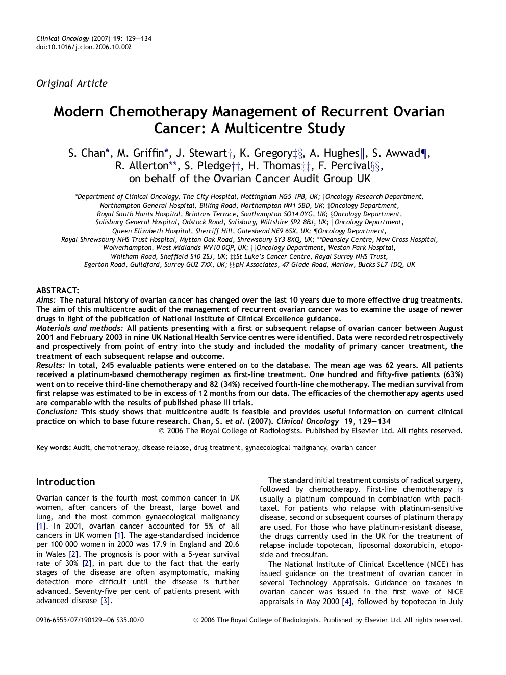 Modern Chemotherapy Management of Recurrent Ovarian Cancer: A Multicentre Study