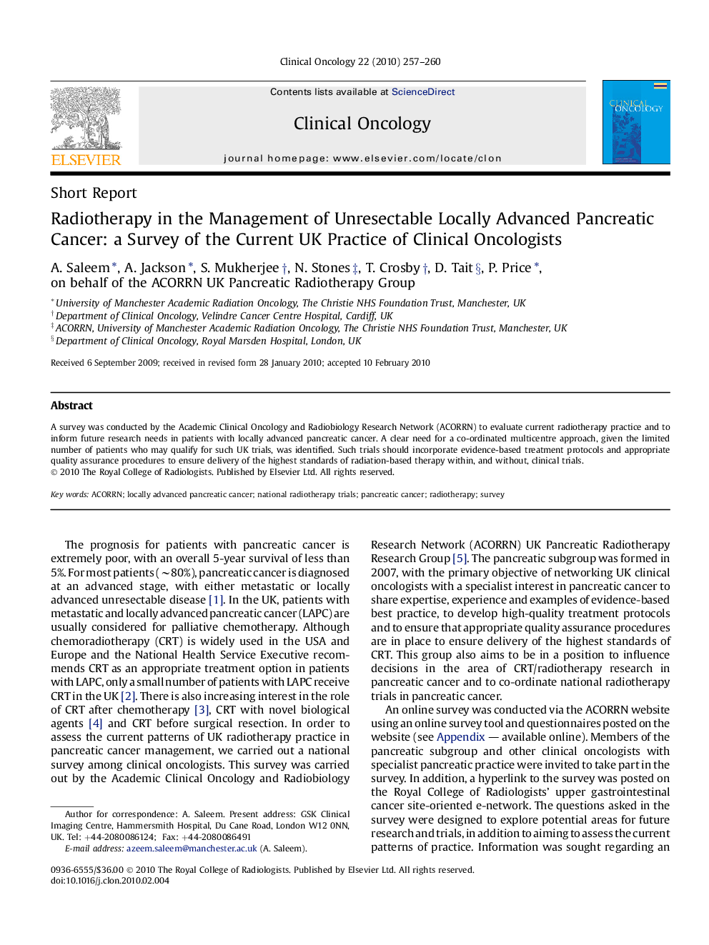 Radiotherapy in the Management of Unresectable Locally Advanced Pancreatic Cancer: a Survey of the Current UK Practice of Clinical Oncologists