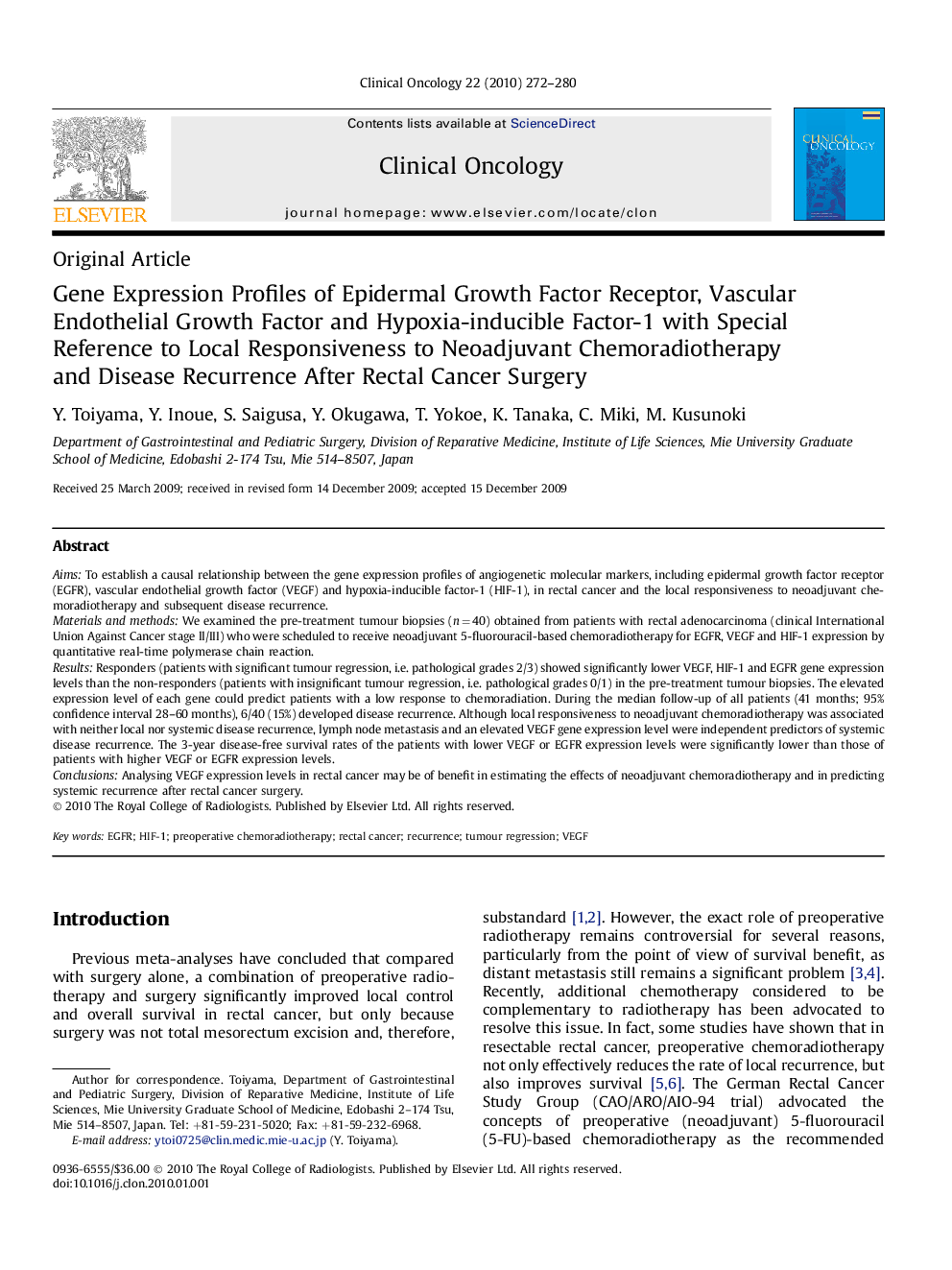 Gene Expression Profiles of Epidermal Growth Factor Receptor, Vascular Endothelial Growth Factor and Hypoxia-inducible Factor-1 with Special Reference to Local Responsiveness to Neoadjuvant Chemoradiotherapy and Disease Recurrence After Rectal Cancer Surg