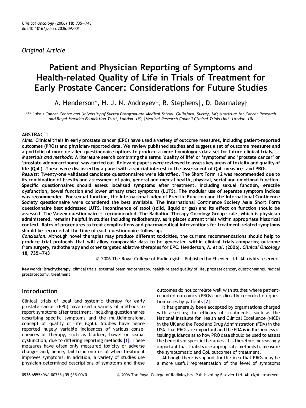 Patient and Physician Reporting of Symptoms and Health-related Quality of Life in Trials of Treatment for Early Prostate Cancer: Considerations for Future Studies