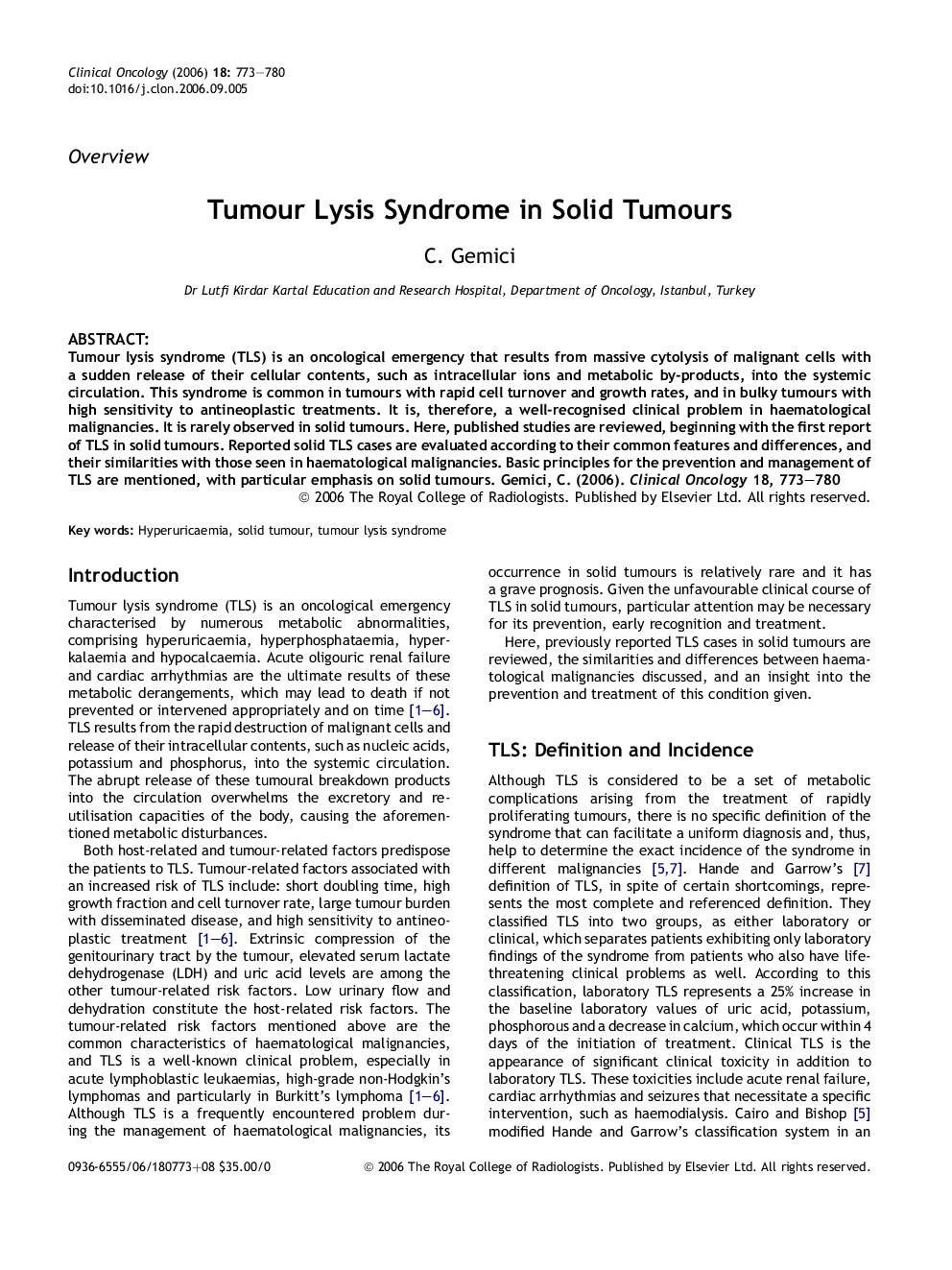 Tumour Lysis Syndrome in Solid Tumours