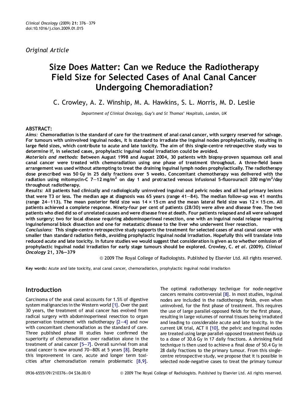 Size Does Matter: Can we Reduce the Radiotherapy Field Size for Selected Cases of Anal Canal Cancer Undergoing Chemoradiation?