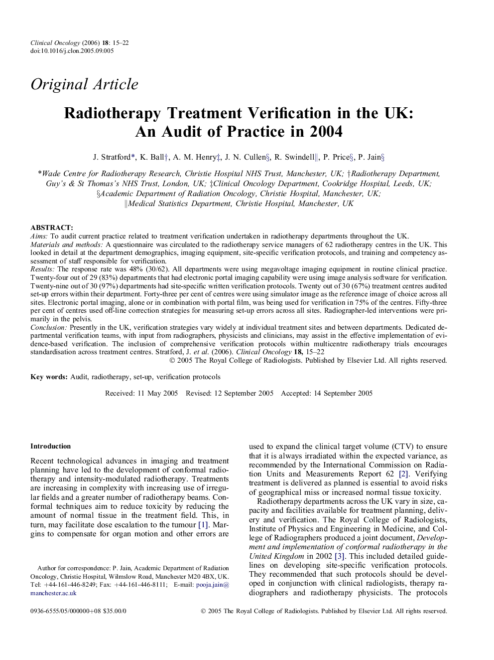 Radiotherapy Treatment Verification in the UK: An Audit of Practice in 2004