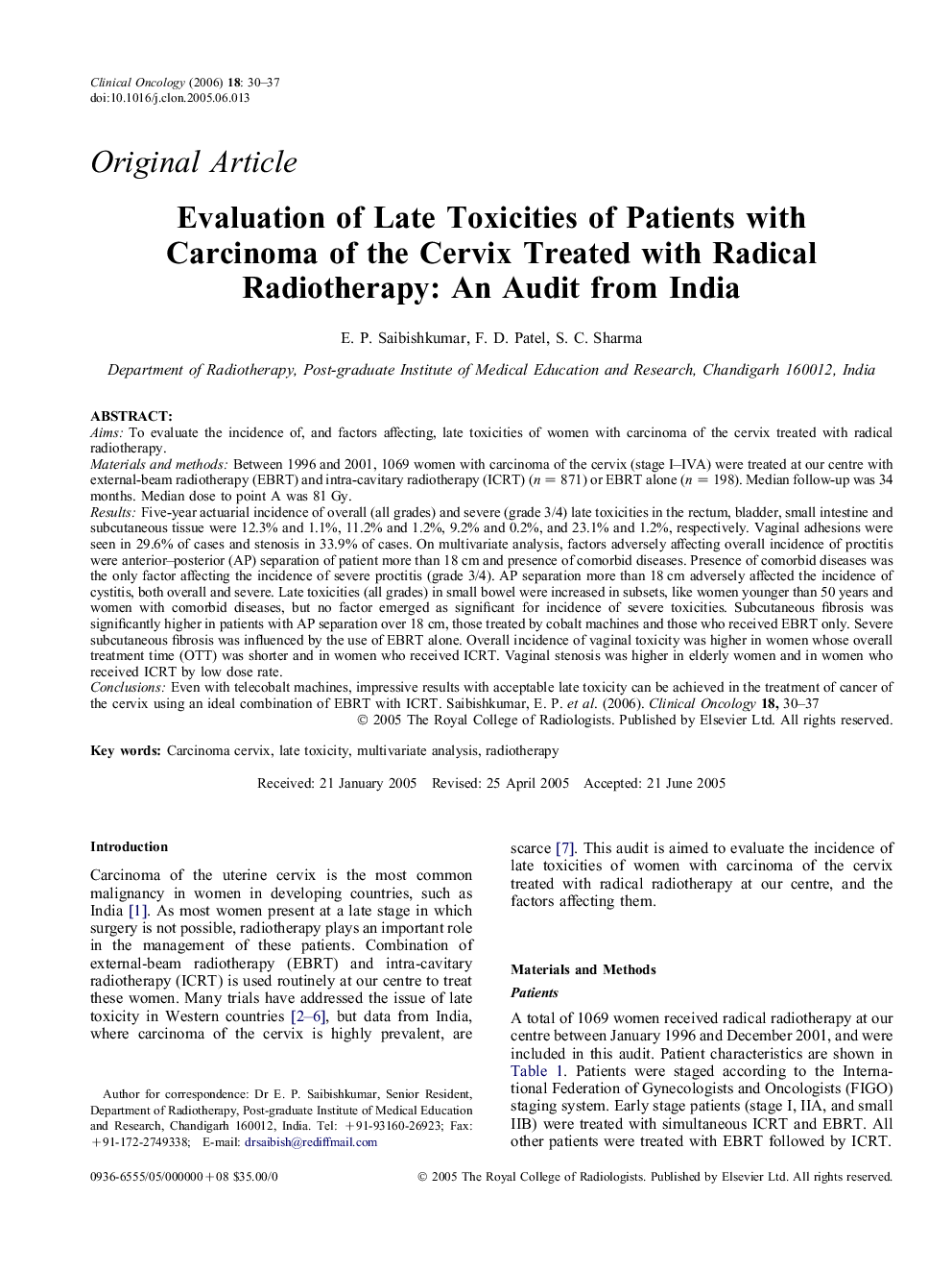 Evaluation of Late Toxicities of Patients with Carcinoma of the Cervix Treated with Radical Radiotherapy: An Audit from India