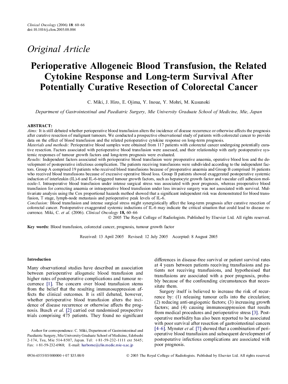 Perioperative Allogeneic Blood Transfusion, the Related Cytokine Response and Long-term Survival After Potentially Curative Resection of Colorectal Cancer