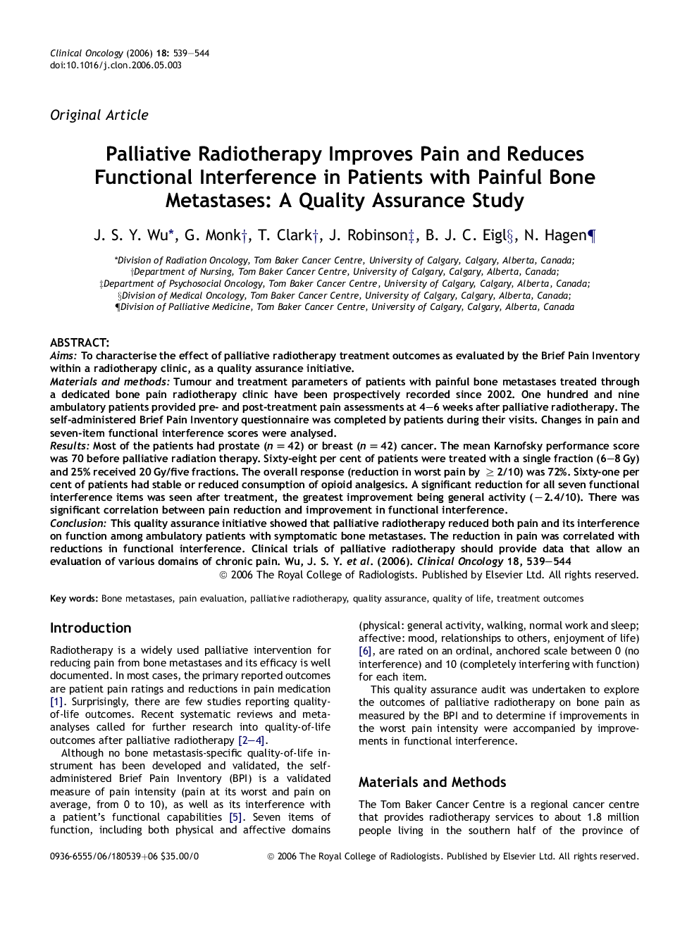 Palliative Radiotherapy Improves Pain and Reduces Functional Interference in Patients with Painful Bone Metastases: A Quality Assurance Study