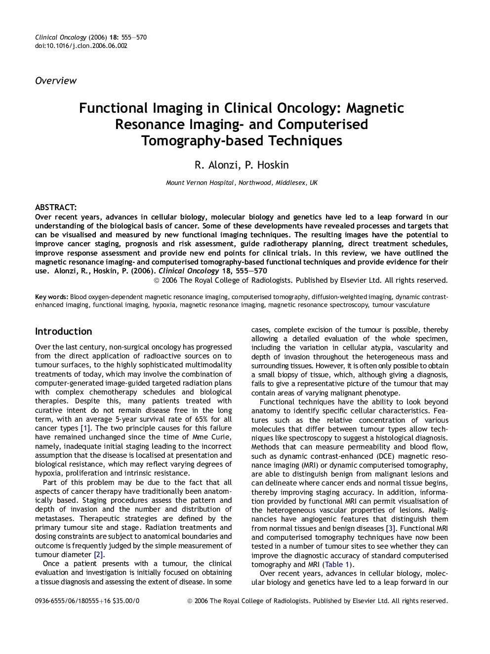 Functional Imaging in Clinical Oncology: Magnetic Resonance Imaging- and Computerised Tomography-based Techniques