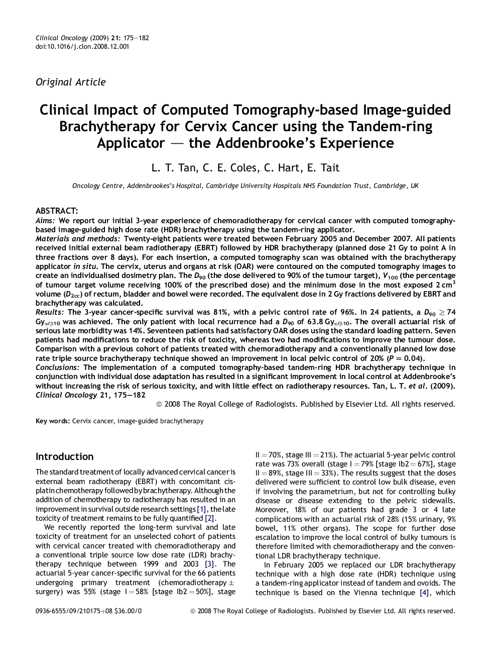 Clinical Impact of Computed Tomography-based Image-guided Brachytherapy for Cervix Cancer using the Tandem-ring Applicator - the Addenbrooke's Experience