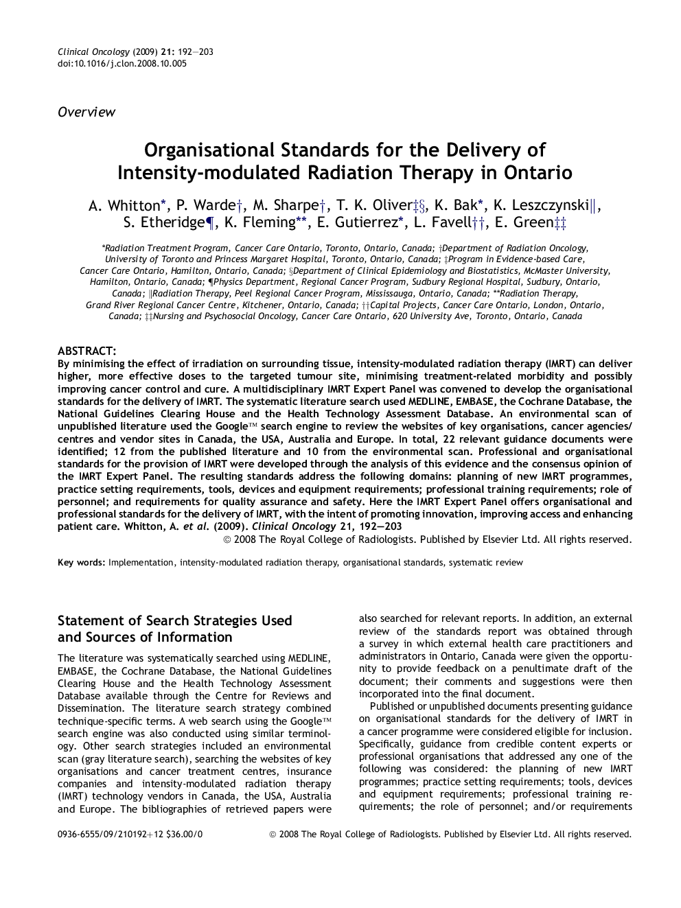 Organisational Standards for the Delivery of Intensity-modulated Radiation Therapy in Ontario